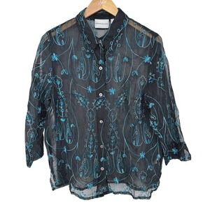 Vintage Womens Silk Sheer Embroidered Button Top Womens Sz 12 Black Fairy Grunge